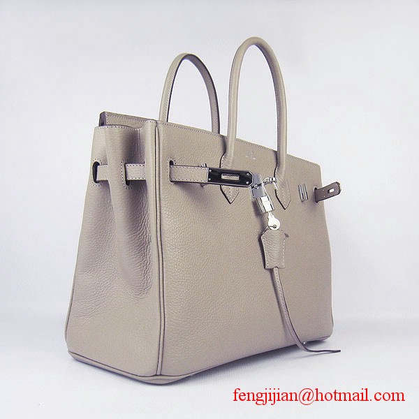 Hermes 35cm Embossed Veins Leather Bag Grey 6089 Silver Hardware